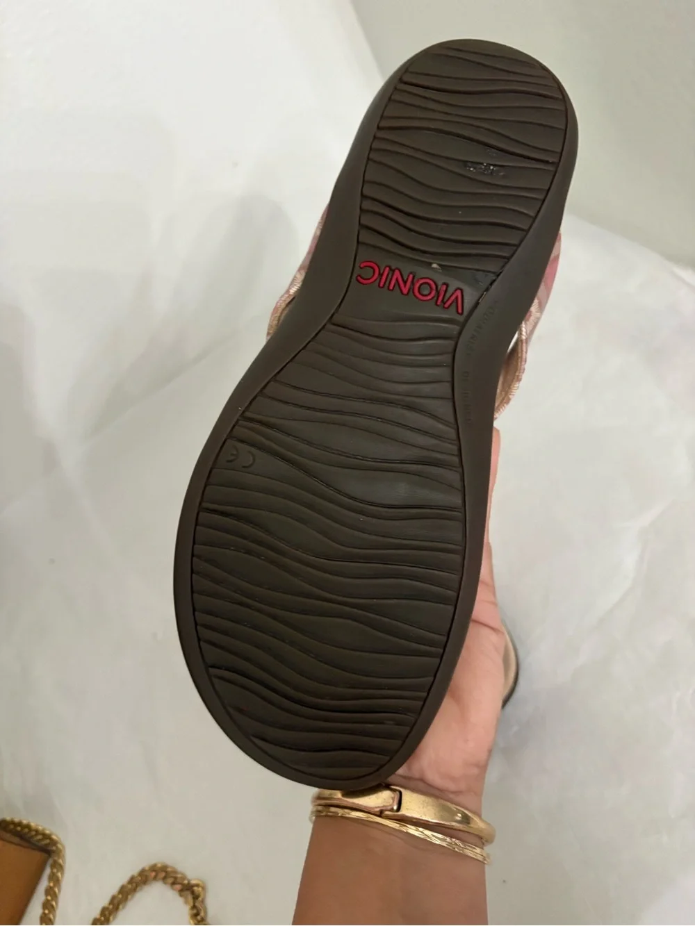 Vionic Rose Gold and Black Slip-On Sandal